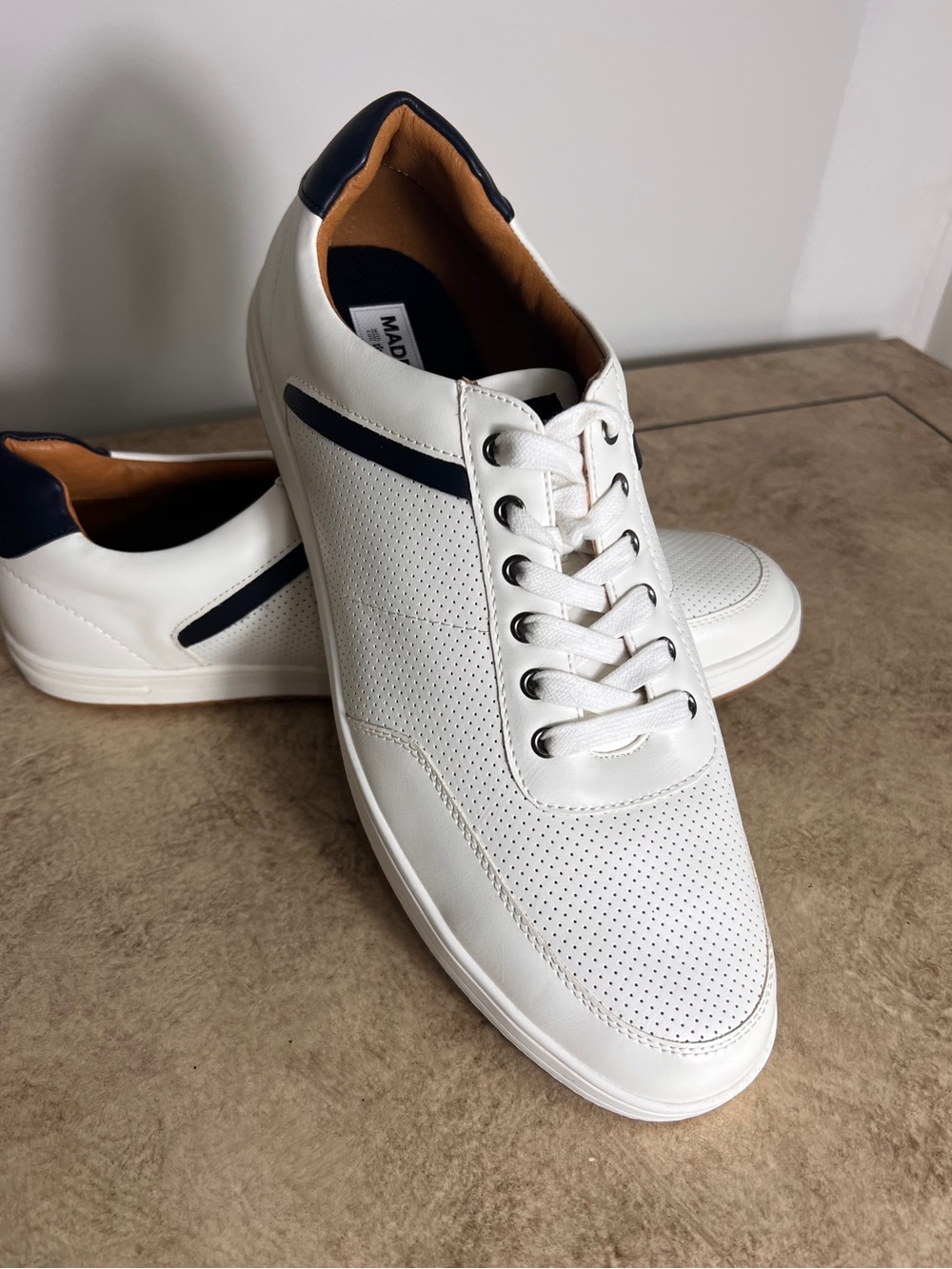 Madden Brayan Men’s White Leather Perforated Casual Sneakers with black Trim